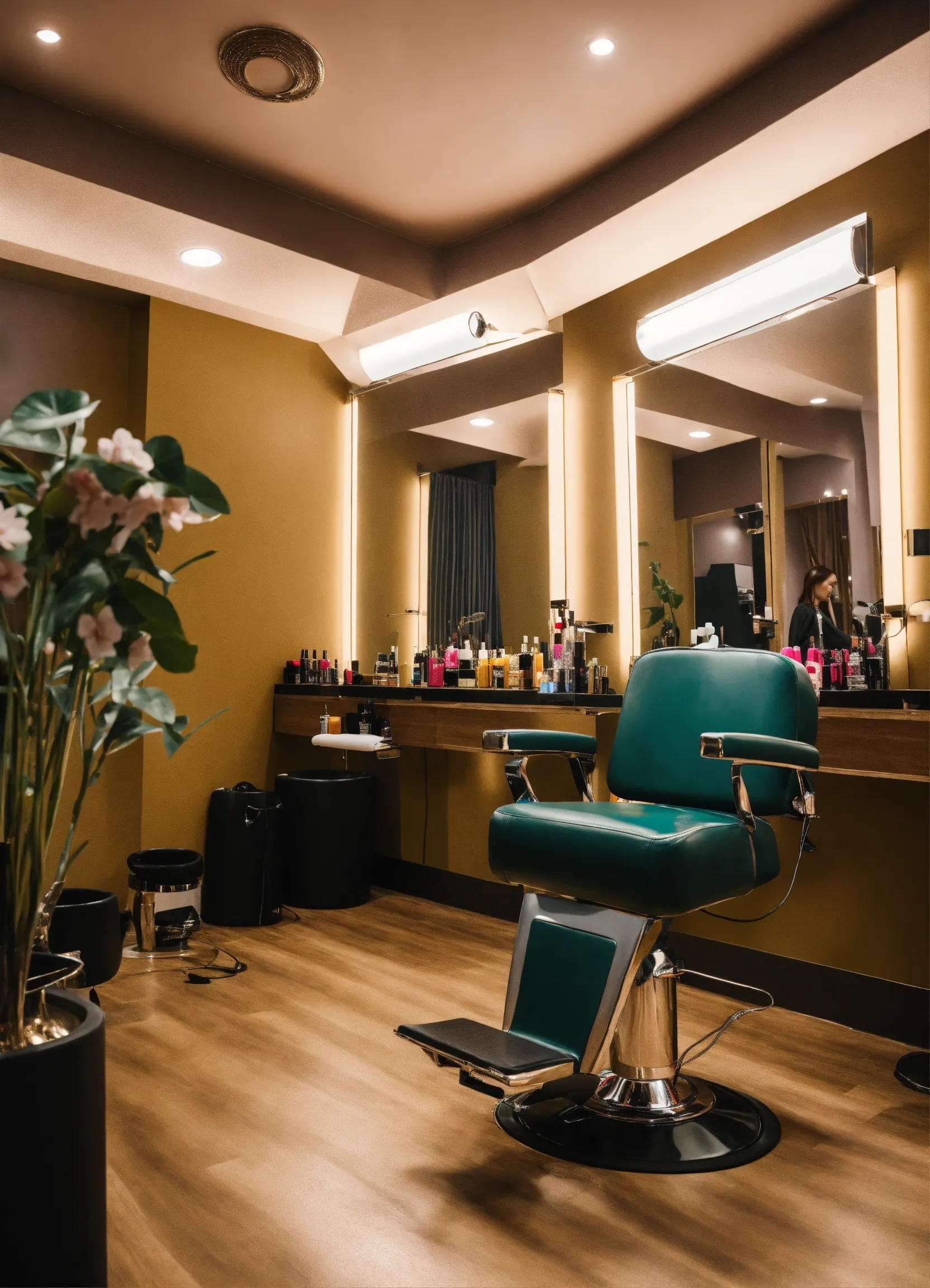 Eco-friendly salon interior with natural light and plants
